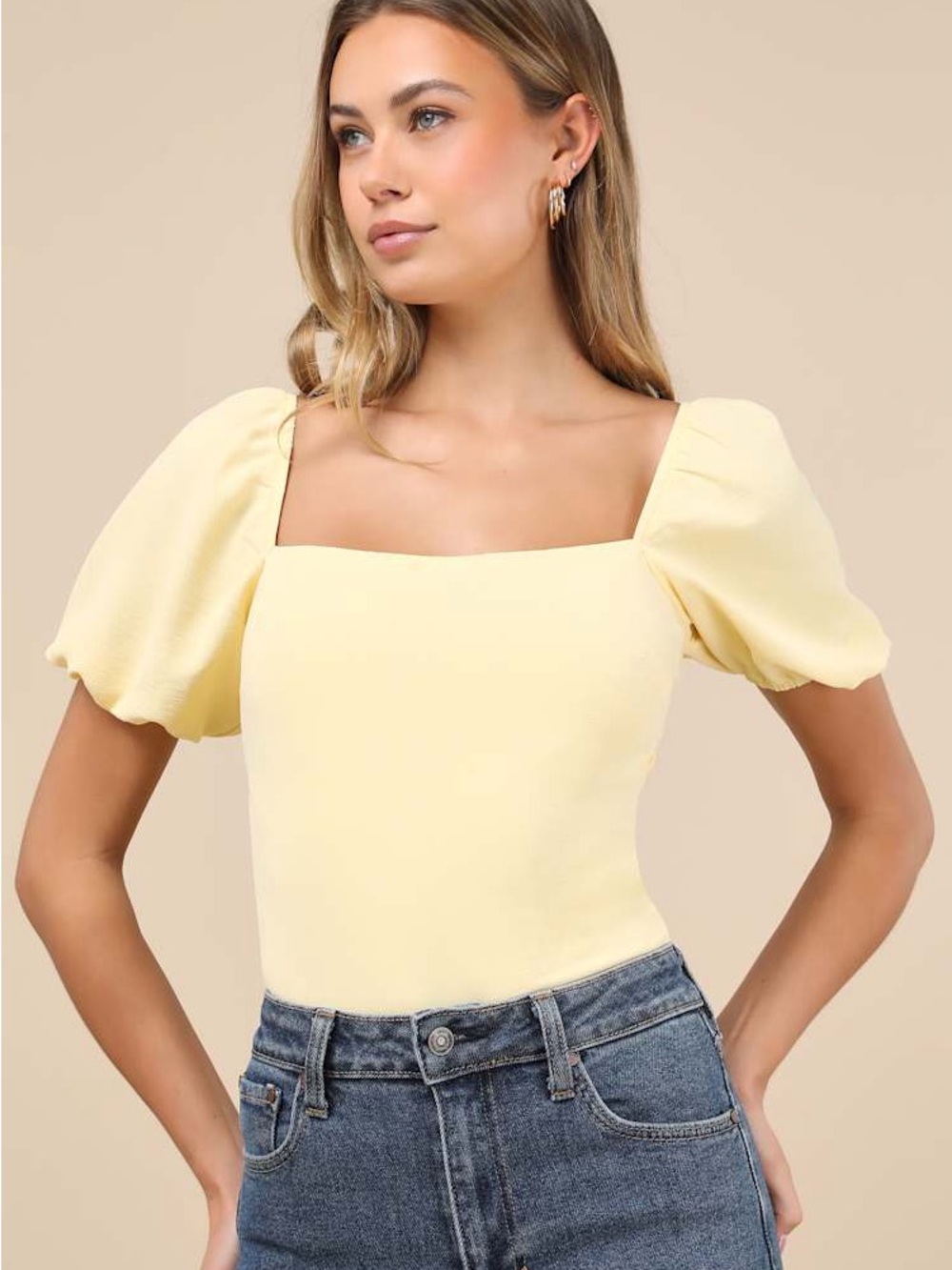 Lulus Abundance of Love Yellow Textured Puff Sleeve Tie-Back Bodysuit